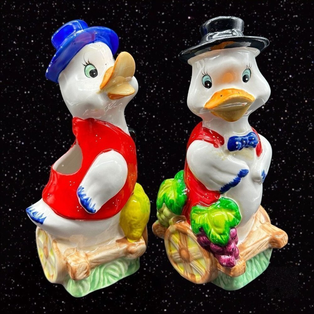 Duck‎ Planter With Hat Made In Japan Ceramic 2 Pc Set Hand Painted 7”T